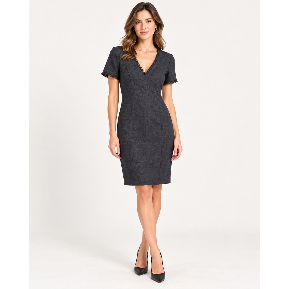 Andrew Marc Sheath Dress Womens Size 4 Gray Fringe Trim V-Neck Tweed NWT